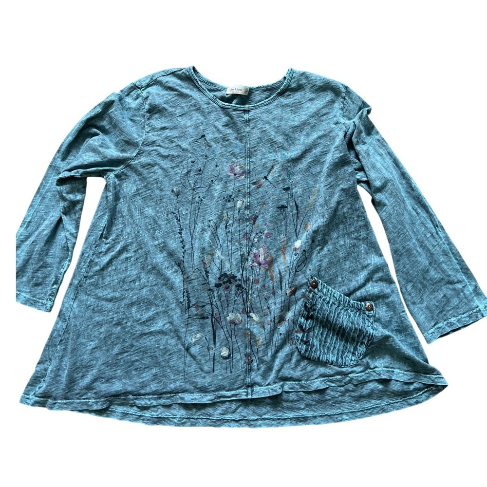 Jess & Jane Tunic Top Womens Plus 1X Blue Slub Cotton Floral Boho Lagenlook